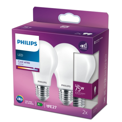 PHILIPS LED bulb A60 8.5W/75W E27 4000K 1055lm NonDim 15Y opál 2-pack