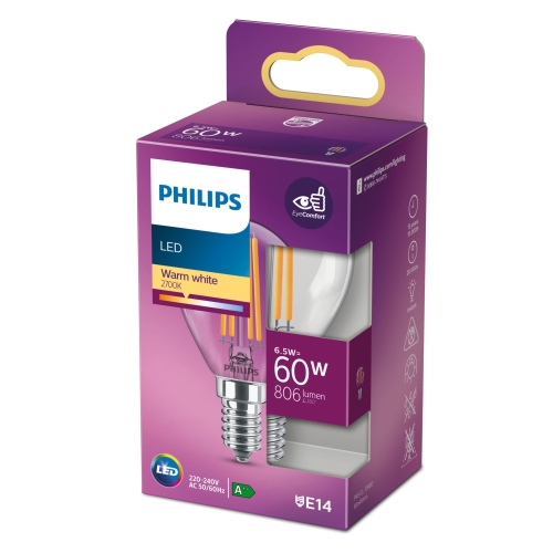 PHILIPS LED chandeliers.filam. P45 6.5W/60W E14 2700K 806lm NonDim 15Y BL