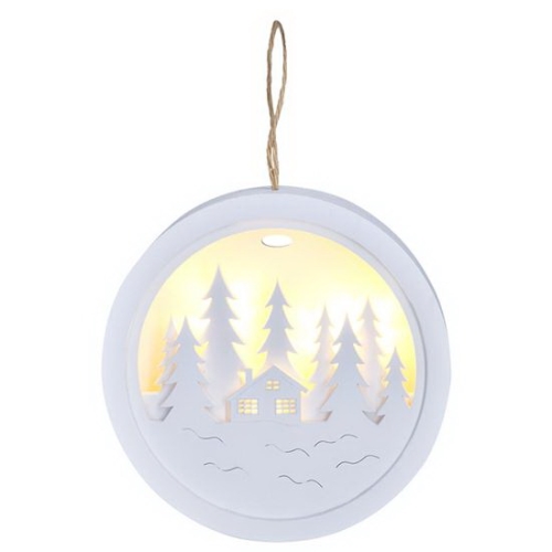 SOLIGHT hanging Christmas decoration. forest and cabin. white. 2 x AAA