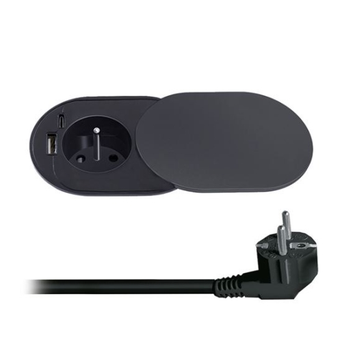 SOLIGHT socket built into the worktop dia. 60mm 2P+PE/USB A+C 2m lid m. black